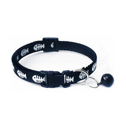 Fish Bones Patterned Cat Collar Adjustable Kitten Puppy Dog Pet Bell Snap Buckle
