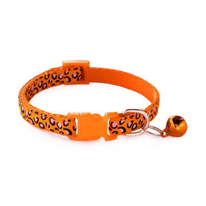 Leopard Skin Patterned Adjustable Kitten Cat Collar With Bell And Snap Buckle