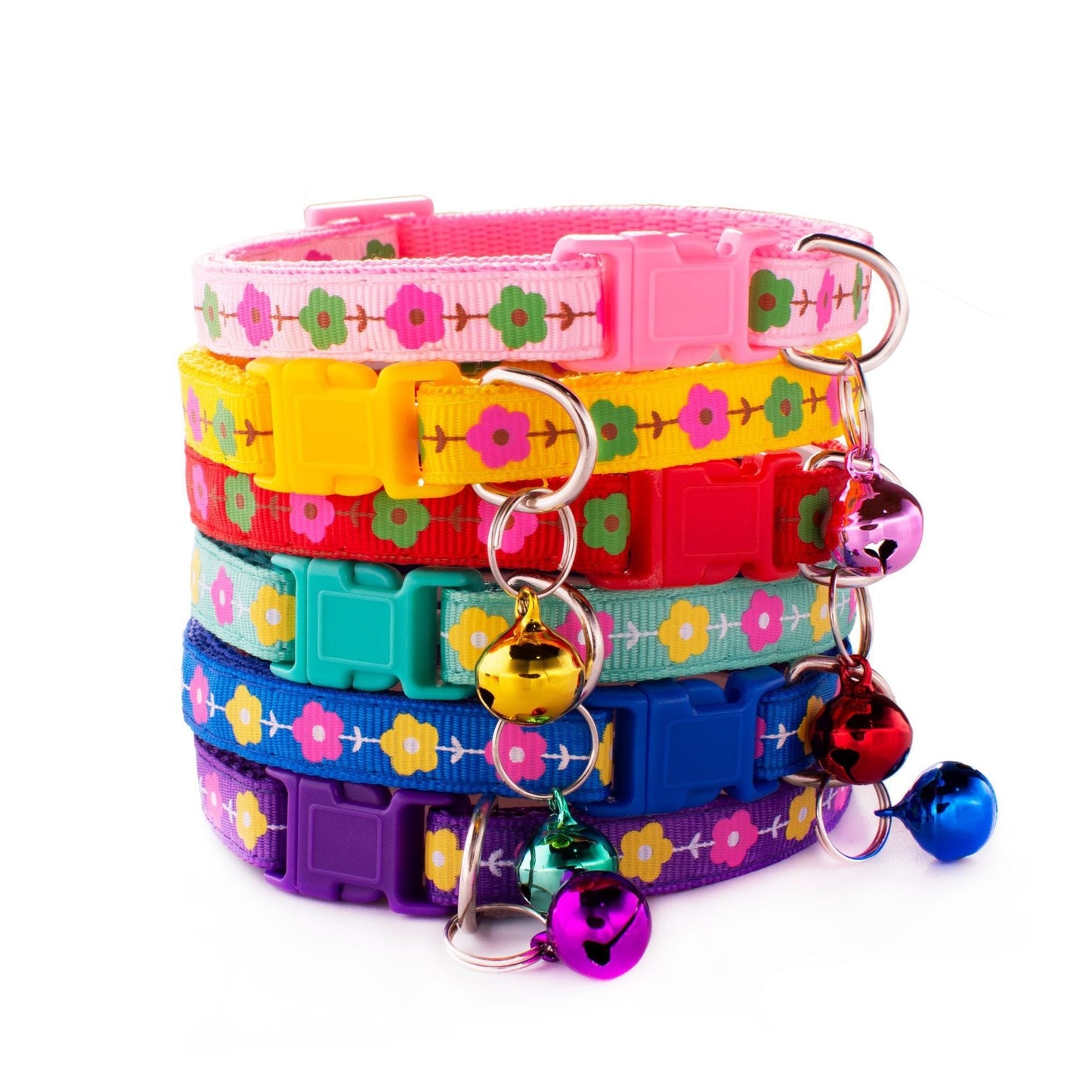 Garden Flowers Patterned Adjustable Kitten Cat Collar With Bell And Snap Buckle