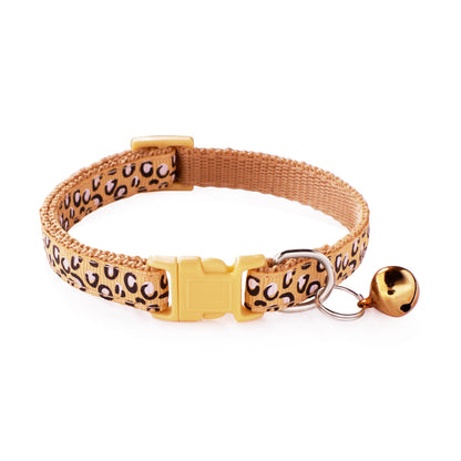 Leopard Skin Patterned Adjustable Kitten Cat Collar With Bell And Snap Buckle