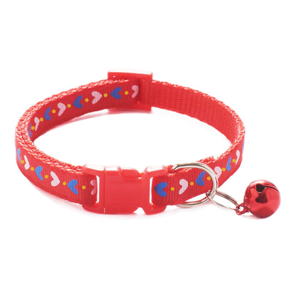 Hearts Patterned Adjustable Cat Collar Kitten Puppy Dog Pet Bell Snap Buckle