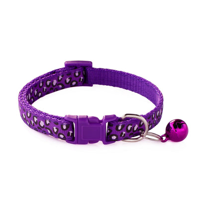 Leopard Skin Patterned Adjustable Kitten Cat Collar With Bell And Snap Buckle