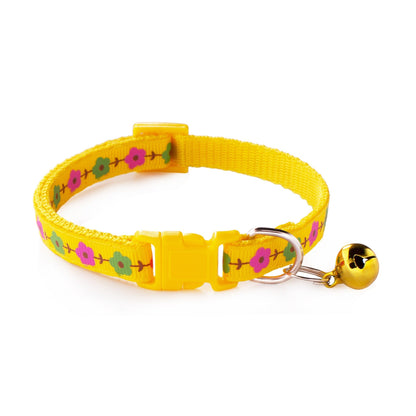 Garden Flowers Patterned Adjustable Kitten Cat Collar With Bell And Snap Buckle