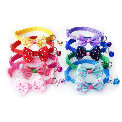 Cute Bow Tie Dots Cat Collar Adjustable Kitten Puppy Dog Pet Bell Snap Buckle