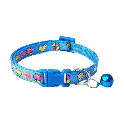 Love Hearts Flowers Mushroom Adjustable Kitten Cat Collar With Bell Snap Buckle