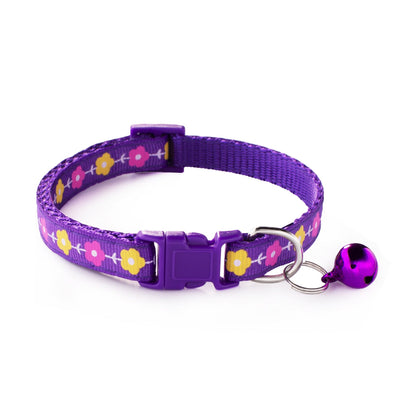 Garden Flowers Patterned Adjustable Kitten Cat Collar With Bell And Snap Buckle