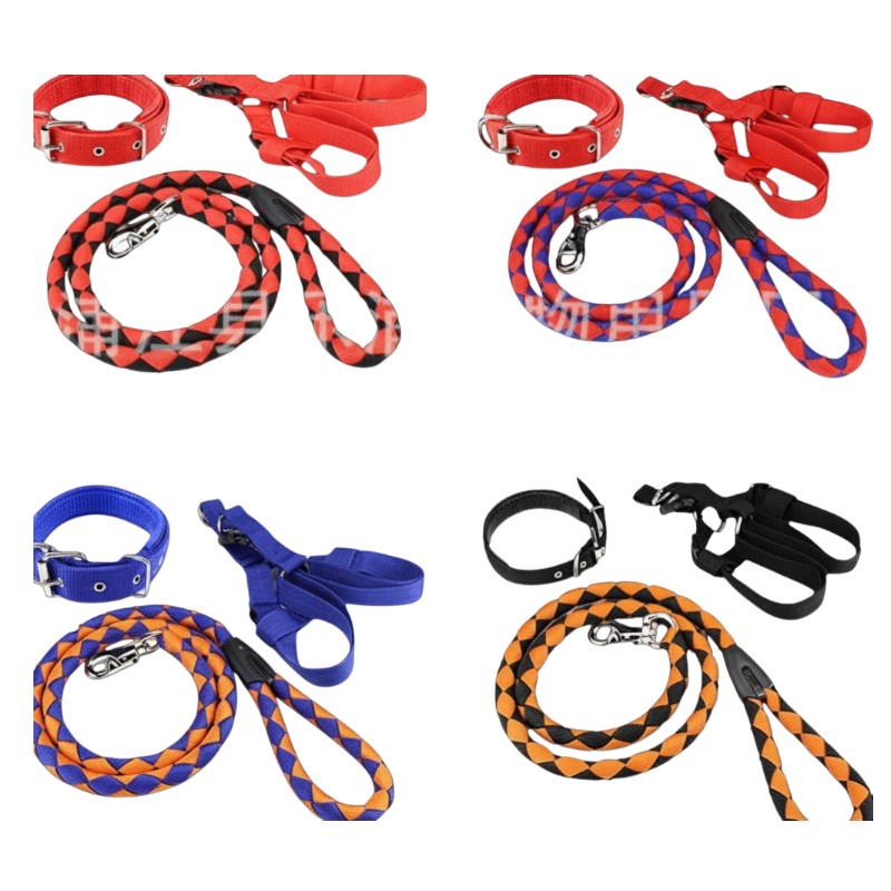Size L 3pc Strong Nylon Rope Dog Lead Leash Collar Chest Back Harness Set