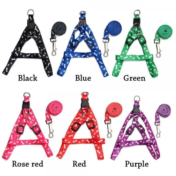 Paws Bones Patterned Print Small Dog Cat Pet Adjustable Harness Leash Lead Set