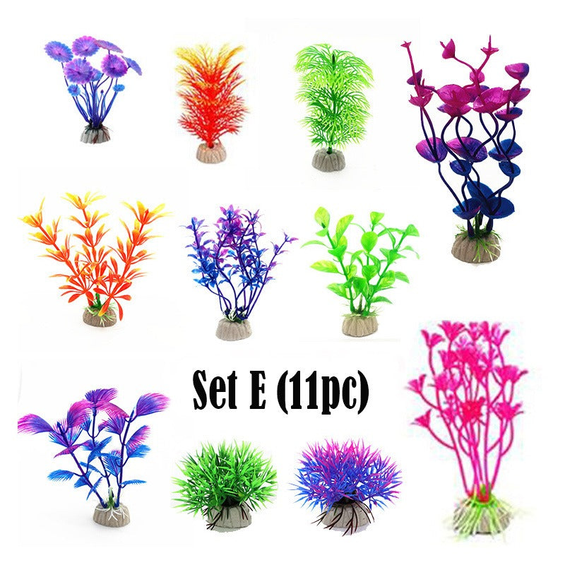10pc Aquarium Fish Tank Decor Artificial Plants Flower Grass Lucky Bamboo Leaves
