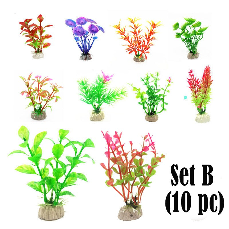 10pc Aquarium Fish Tank Decor Artificial Plants Flower Grass Lucky Bamboo Leaves