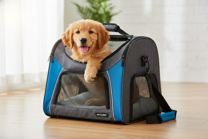 puppy dog sit in a ventilated travel bag