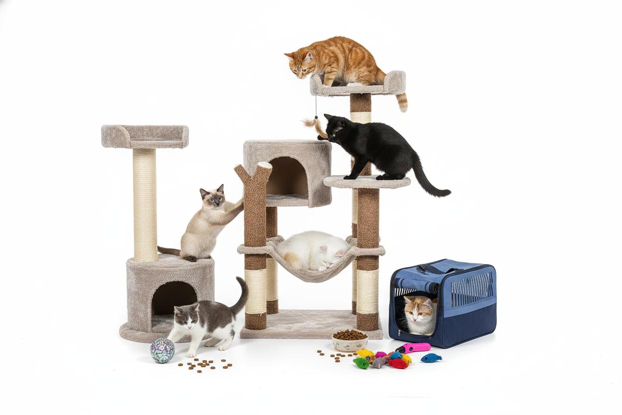 square image with white background showing a few cats on climbing frames, with treats, toy and carrier box