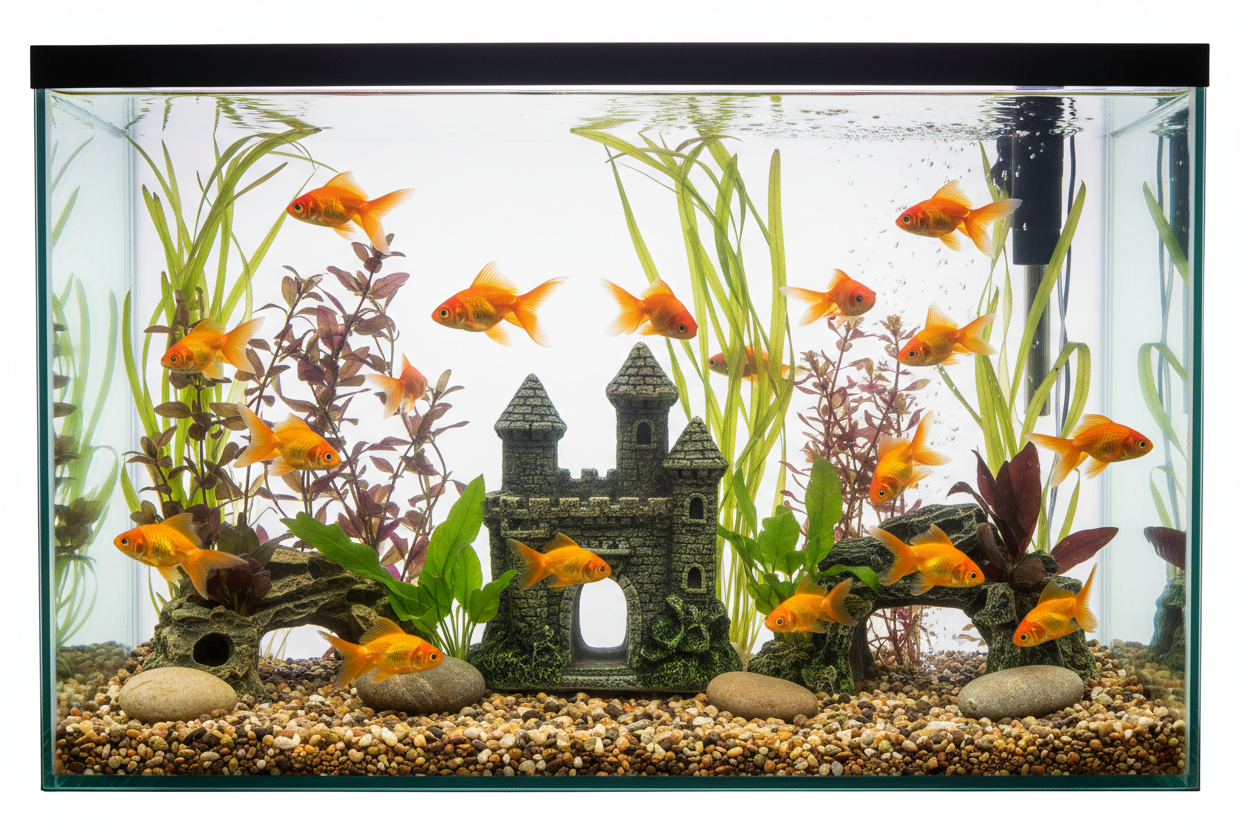 square image with white background showing a fish tank with goldfishes and tank decors