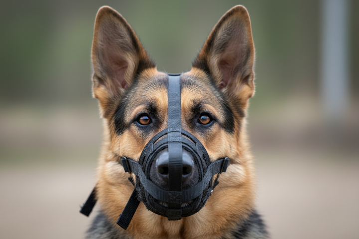 wearing a black muzzle
